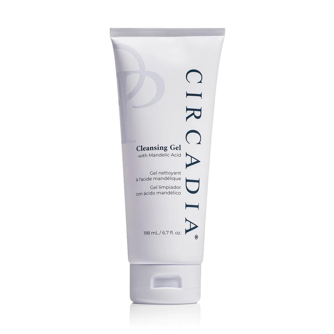 Witte tube Circadia Cleansing Gel with Mandelic Acid, 198 ml, met grijze en blauwe accenten en een witte dop.