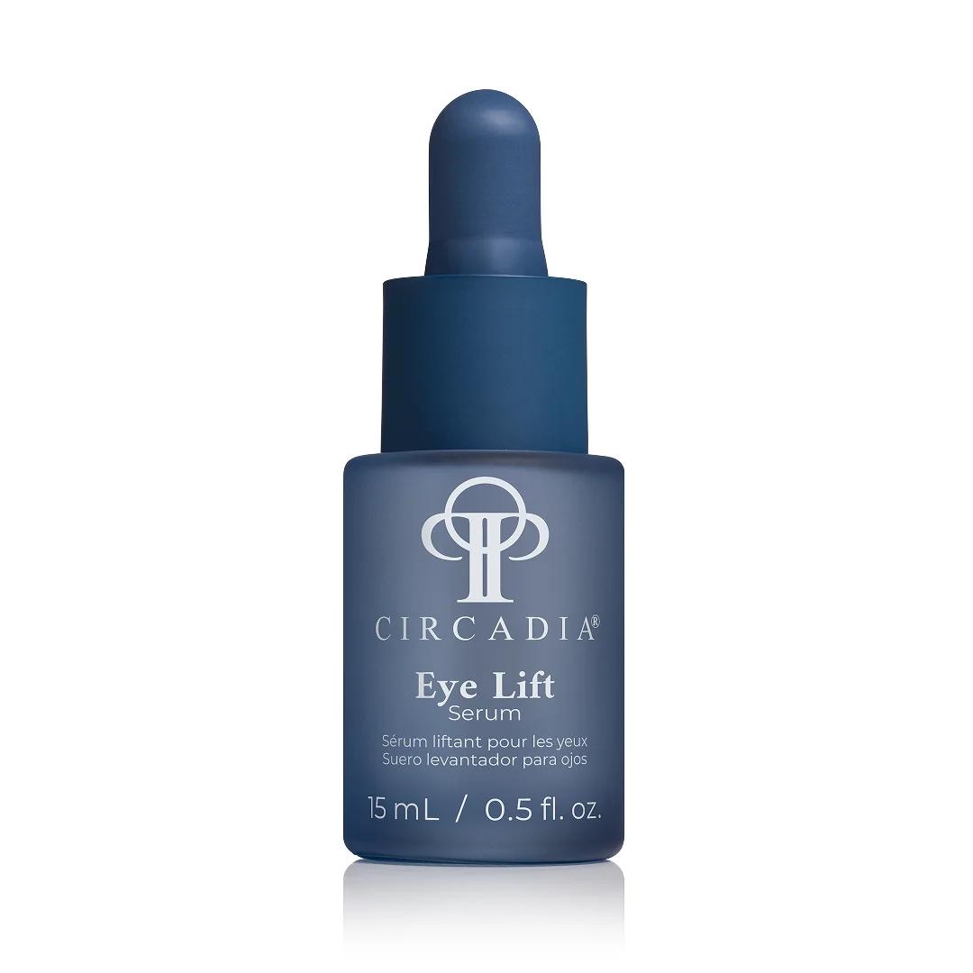 Witte tube met pompdispenser van Circadia Emergency Eye Lift 15 ml, met zilveren en blauwe accenten.