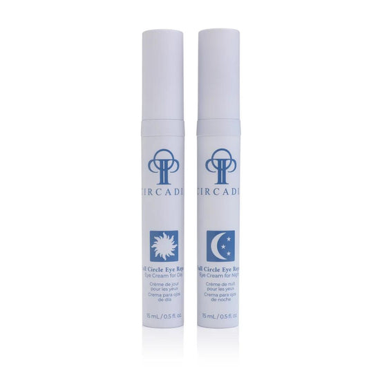 Verpakking van de Circadia Full Circle Eye Repair 2 x 15 ml, een oogcrème duo met een dag- en nachtformule in aparte dispensers.