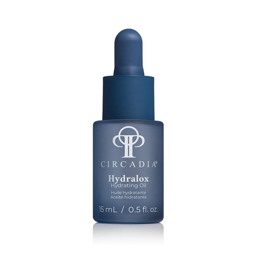 Witte fles van Circadia Hydralox 15 ml met een zwarte dop en zwarte en blauwe belettering.