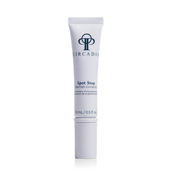 Witte tube Circadia Spot Stop 15 ml met zwarte dop en zwarte en blauwe belettering.